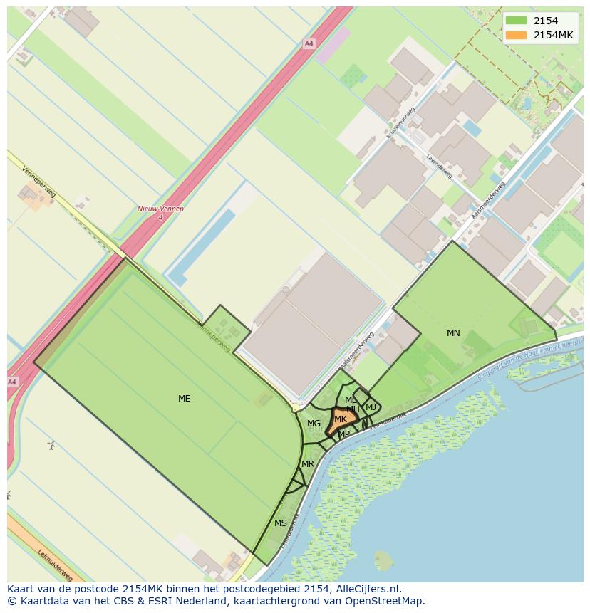 Afbeelding van het postcodegebied 2154 MK op de kaart.