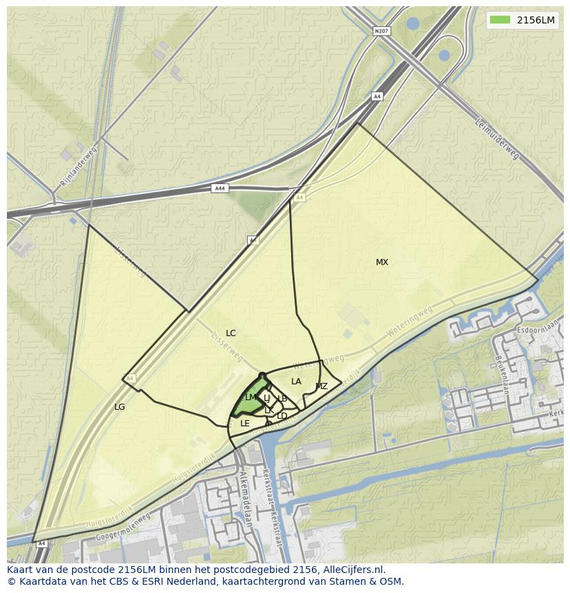 Afbeelding van het postcodegebied 2156 LM op de kaart.