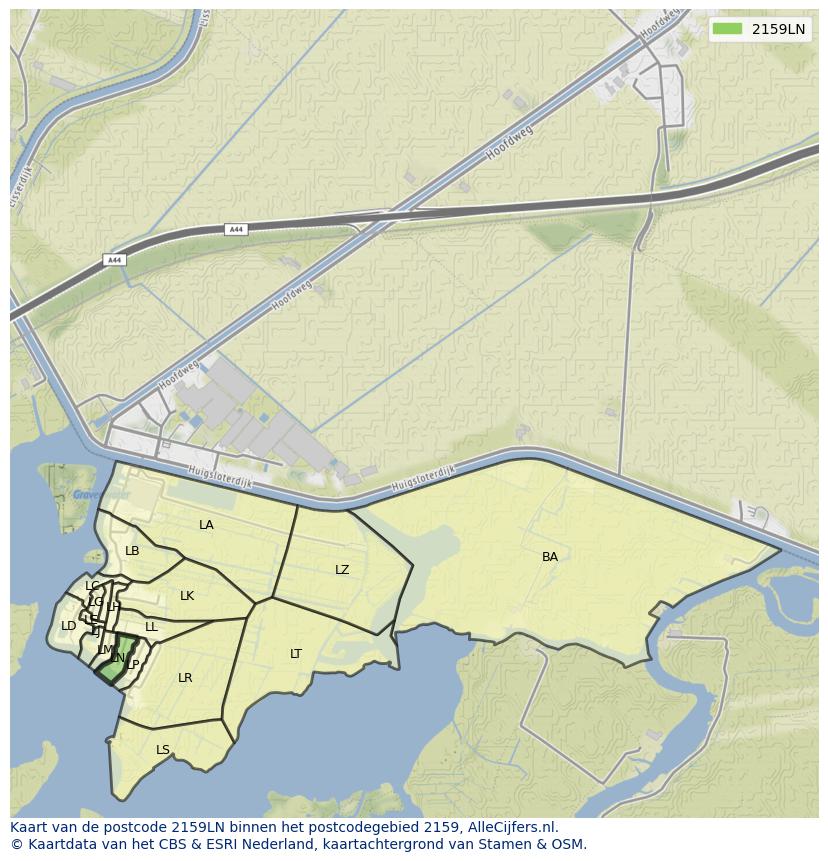 Afbeelding van het postcodegebied 2159 LN op de kaart.