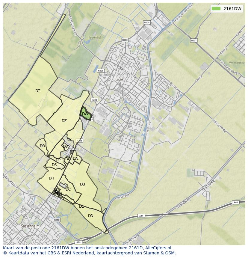 Afbeelding van het postcodegebied 2161 DW op de kaart.