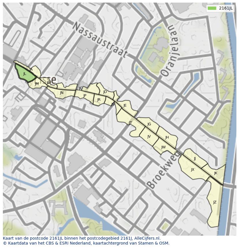 Afbeelding van het postcodegebied 2161 JL op de kaart.