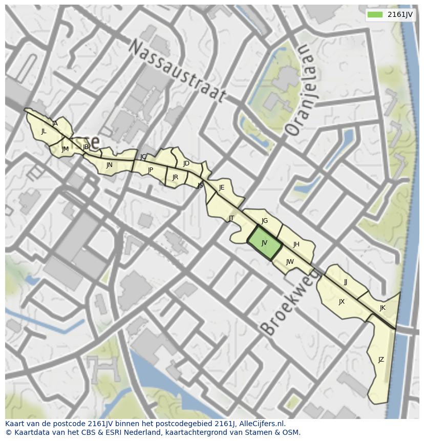 Afbeelding van het postcodegebied 2161 JV op de kaart.