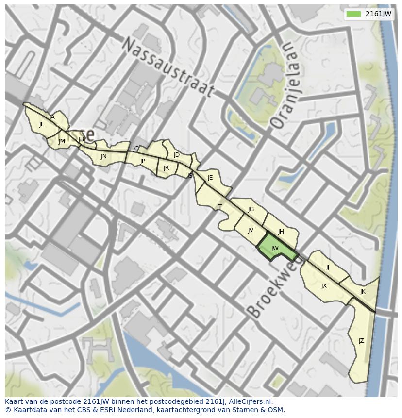 Afbeelding van het postcodegebied 2161 JW op de kaart.