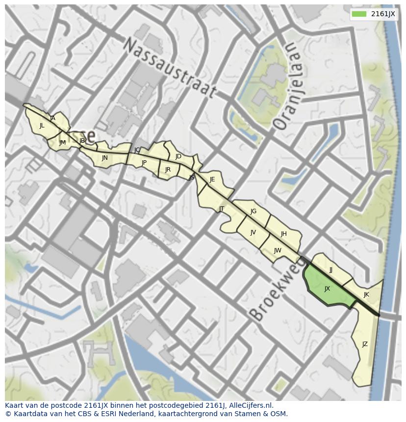 Afbeelding van het postcodegebied 2161 JX op de kaart.