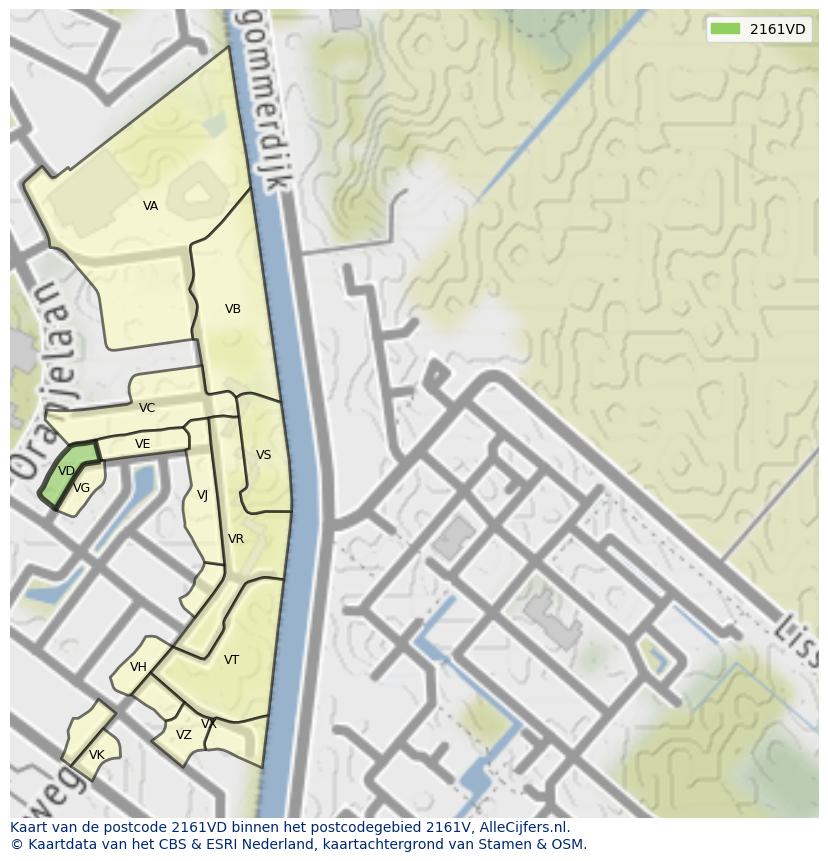 Afbeelding van het postcodegebied 2161 VD op de kaart.