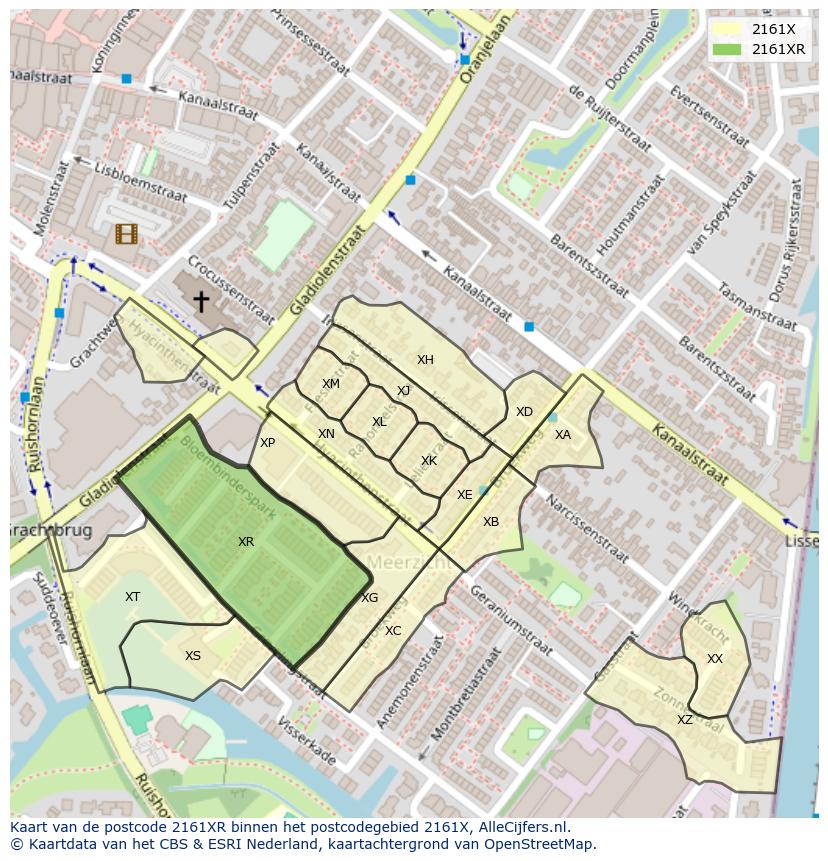 Afbeelding van het postcodegebied 2161 XR op de kaart.