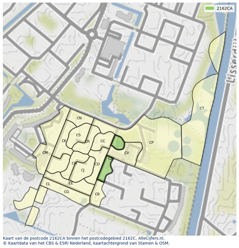 Afbeelding van het postcodegebied 2162 CA op de kaart.