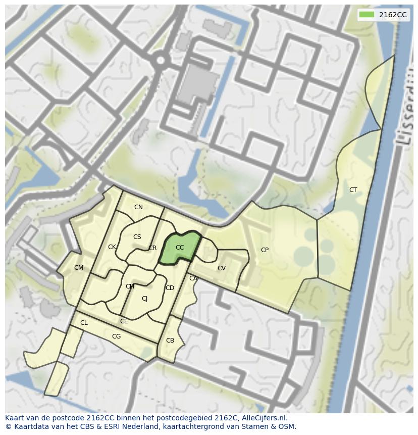 Afbeelding van het postcodegebied 2162 CC op de kaart.
