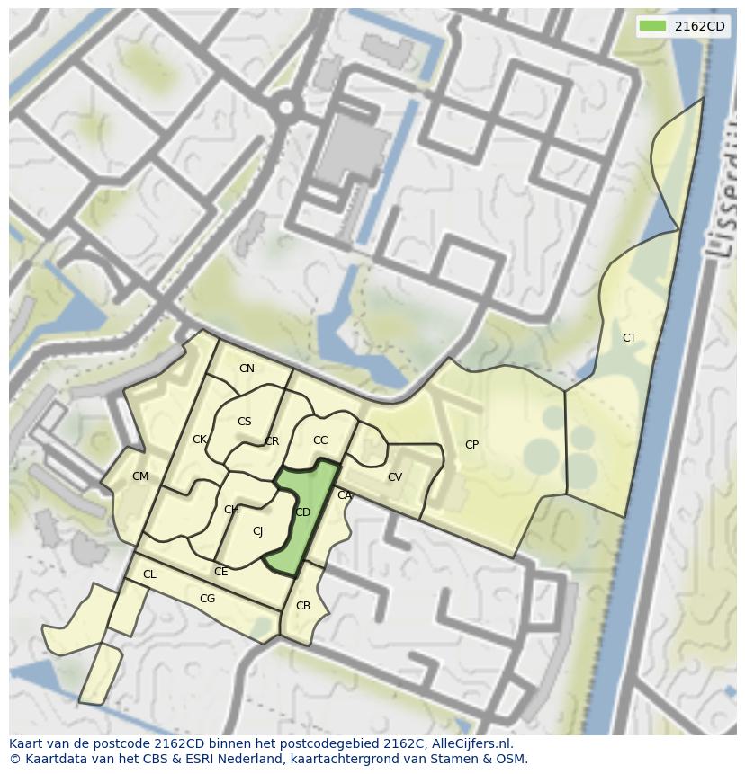 Afbeelding van het postcodegebied 2162 CD op de kaart.