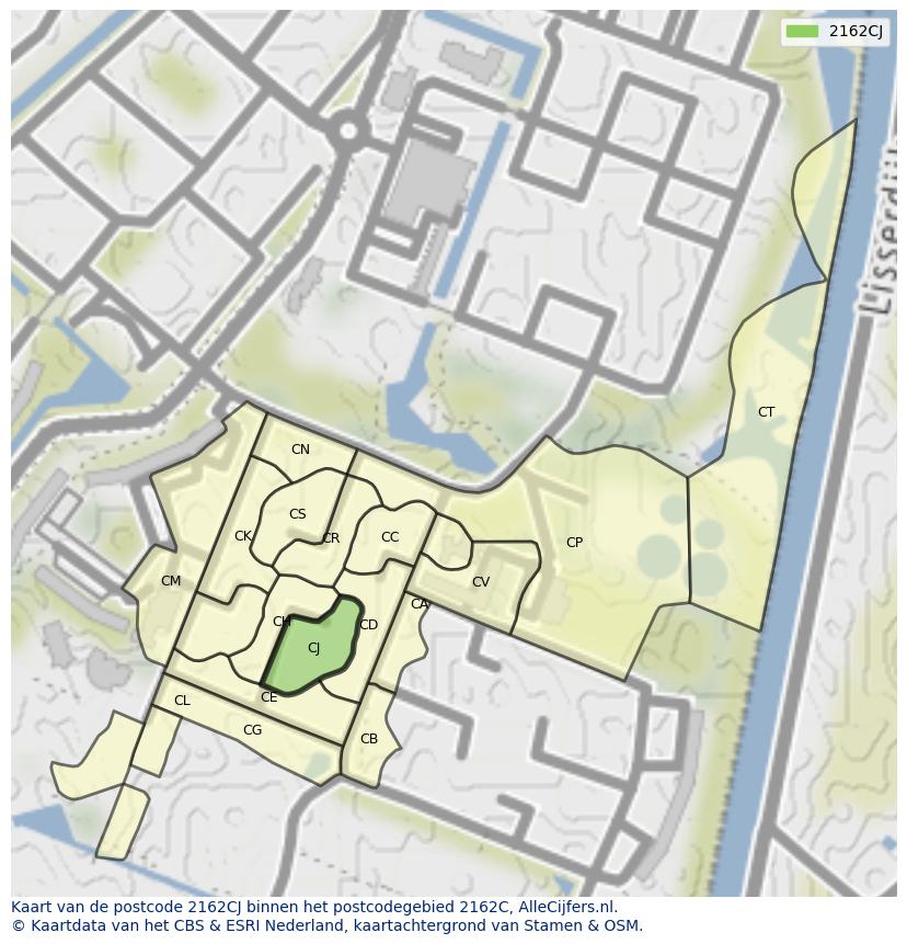 Afbeelding van het postcodegebied 2162 CJ op de kaart.
