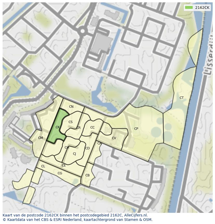 Afbeelding van het postcodegebied 2162 CK op de kaart.