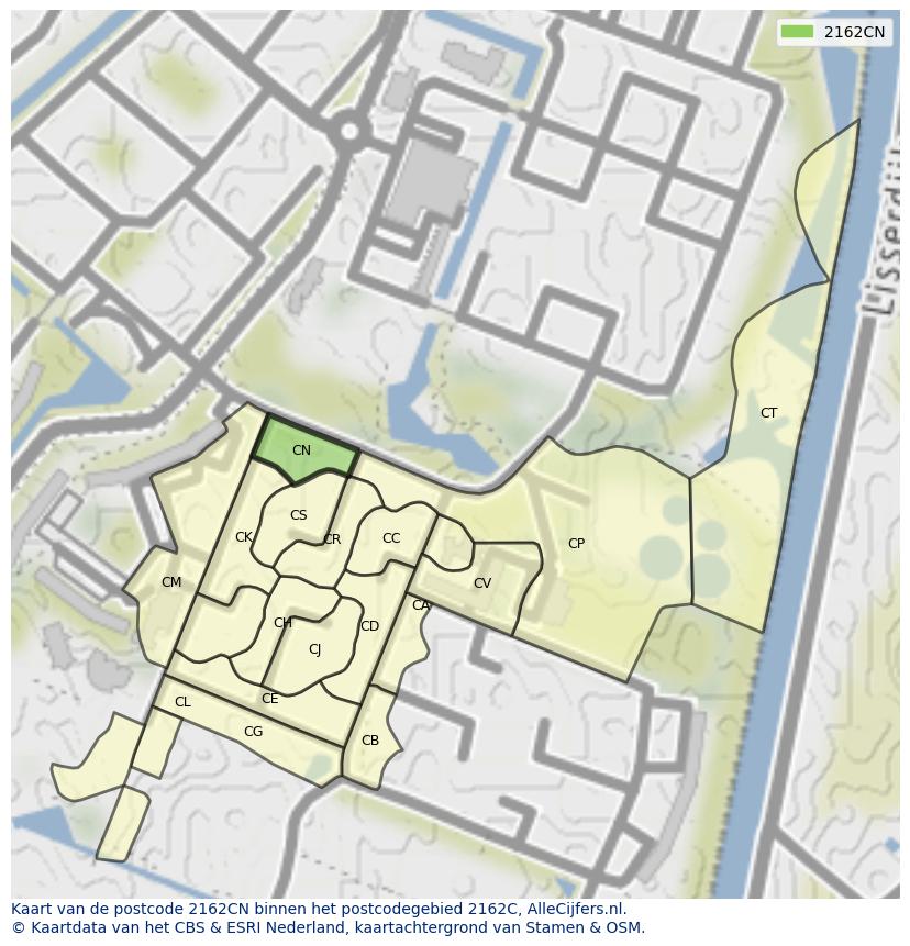 Afbeelding van het postcodegebied 2162 CN op de kaart.