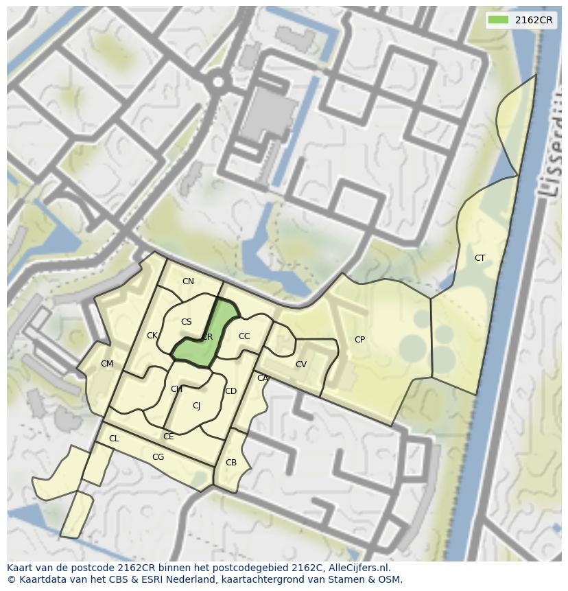 Afbeelding van het postcodegebied 2162 CR op de kaart.