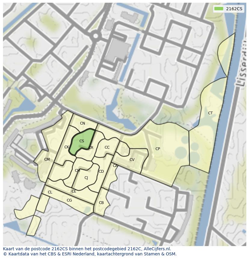 Afbeelding van het postcodegebied 2162 CS op de kaart.