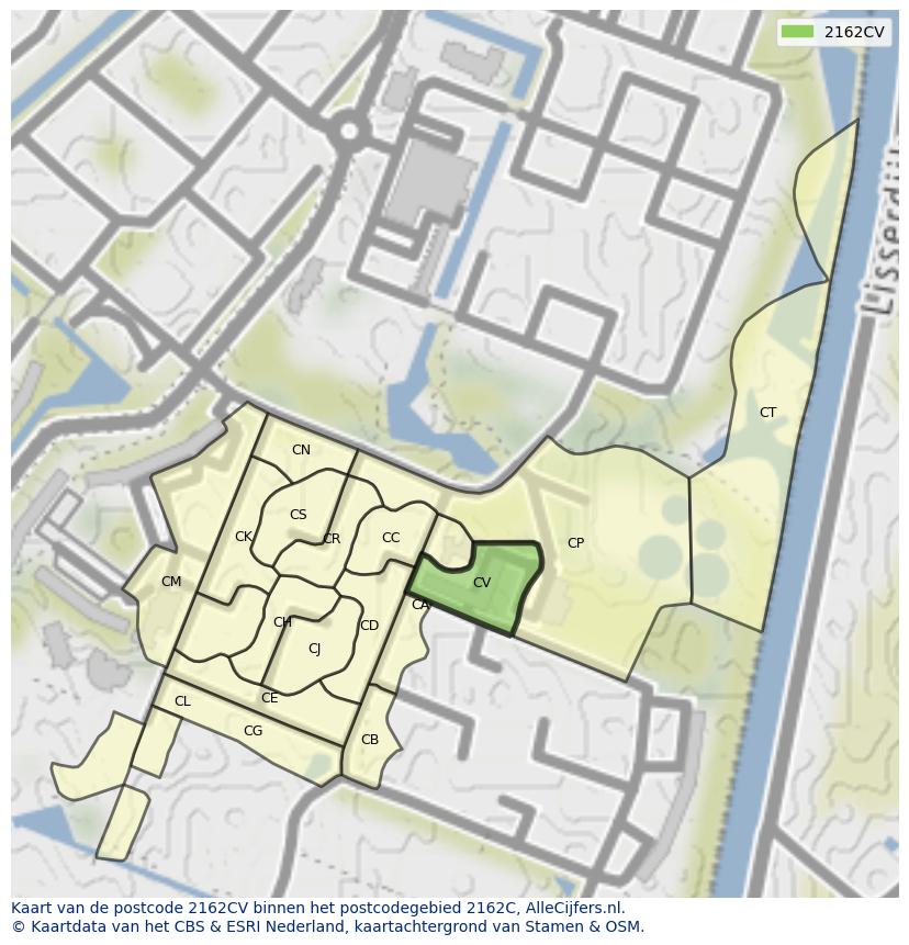 Afbeelding van het postcodegebied 2162 CV op de kaart.
