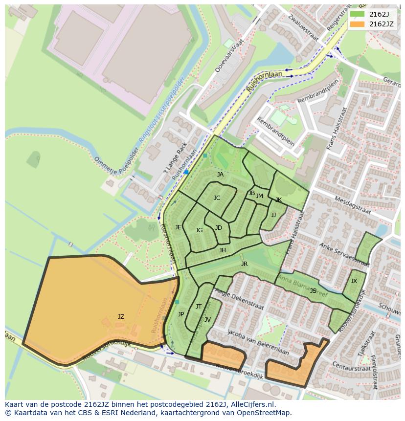 Afbeelding van het postcodegebied 2162 JZ op de kaart.