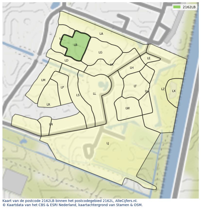 Afbeelding van het postcodegebied 2162 LB op de kaart.