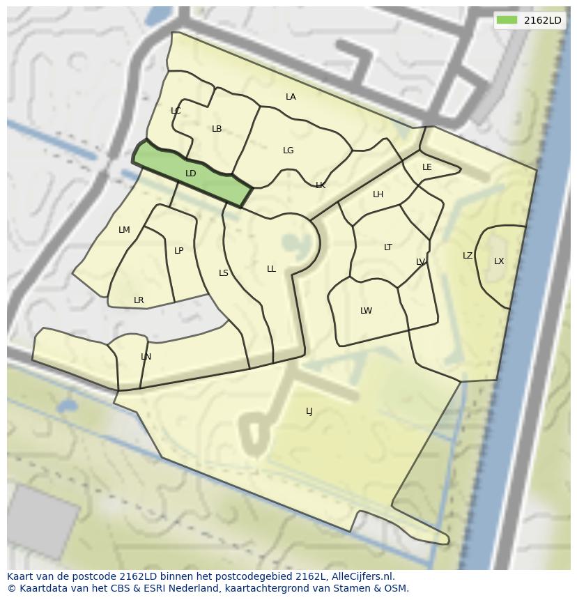 Afbeelding van het postcodegebied 2162 LD op de kaart.