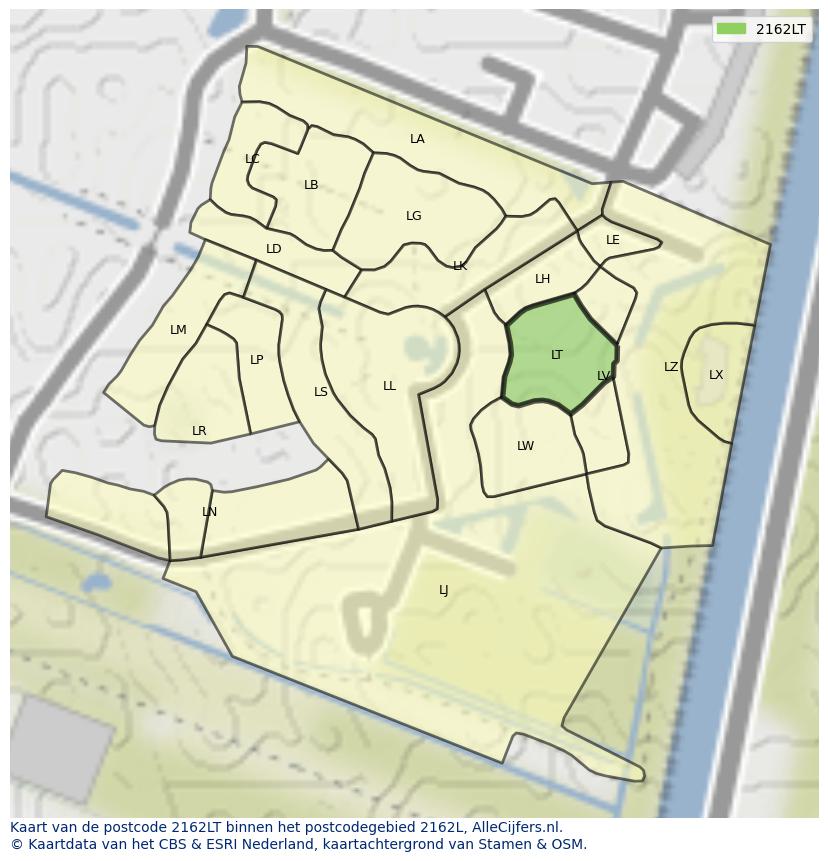 Afbeelding van het postcodegebied 2162 LT op de kaart.