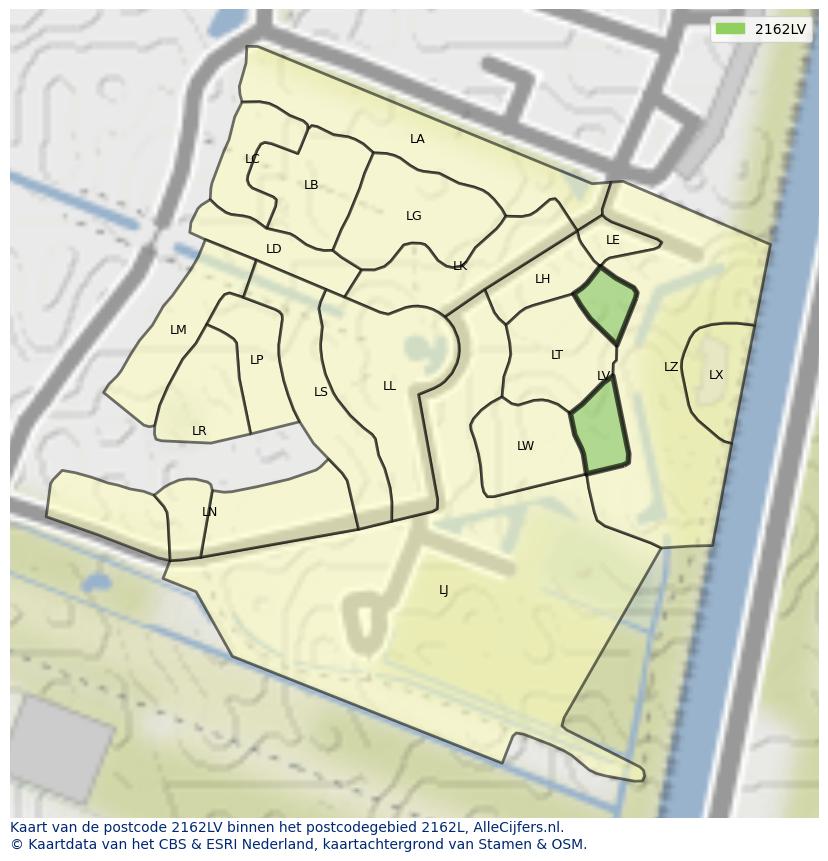 Afbeelding van het postcodegebied 2162 LV op de kaart.