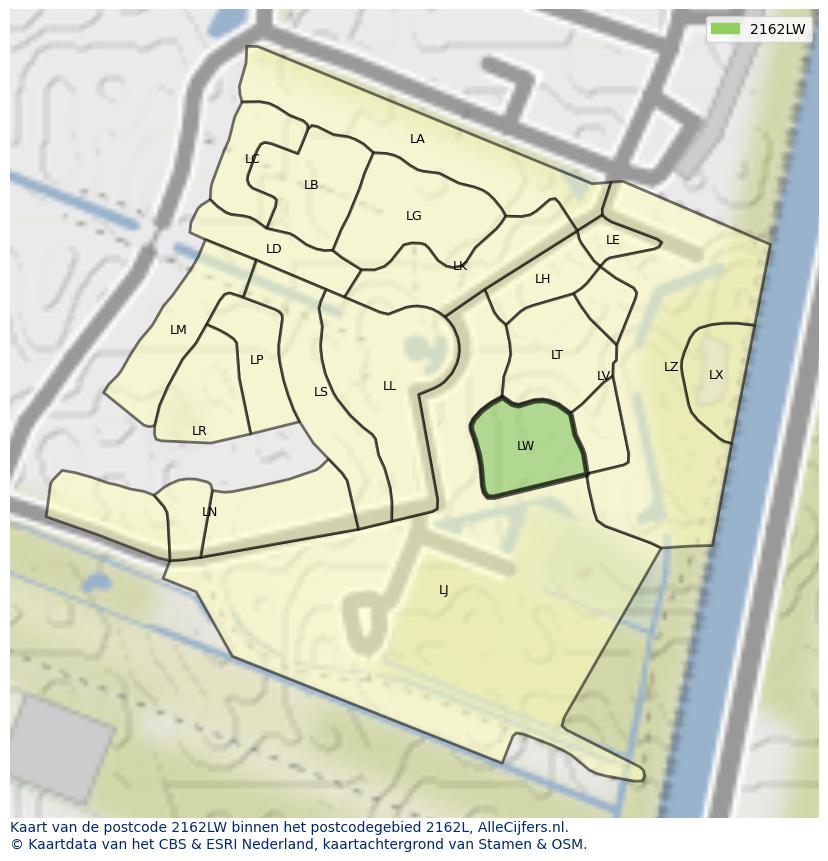 Afbeelding van het postcodegebied 2162 LW op de kaart.