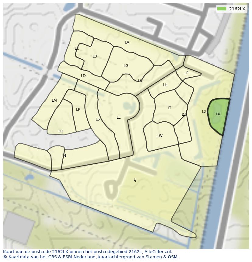 Afbeelding van het postcodegebied 2162 LX op de kaart.