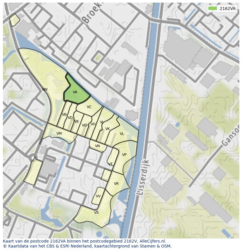 Afbeelding van het postcodegebied 2162 VA op de kaart.