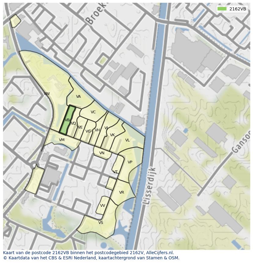 Afbeelding van het postcodegebied 2162 VB op de kaart.