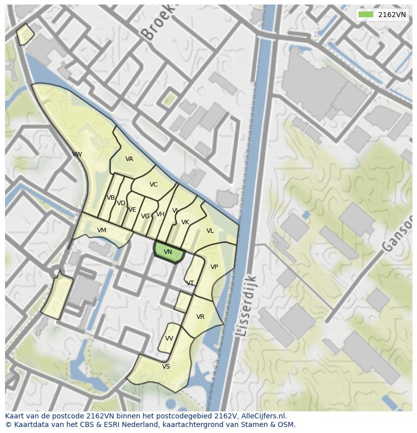 Afbeelding van het postcodegebied 2162 VN op de kaart.
