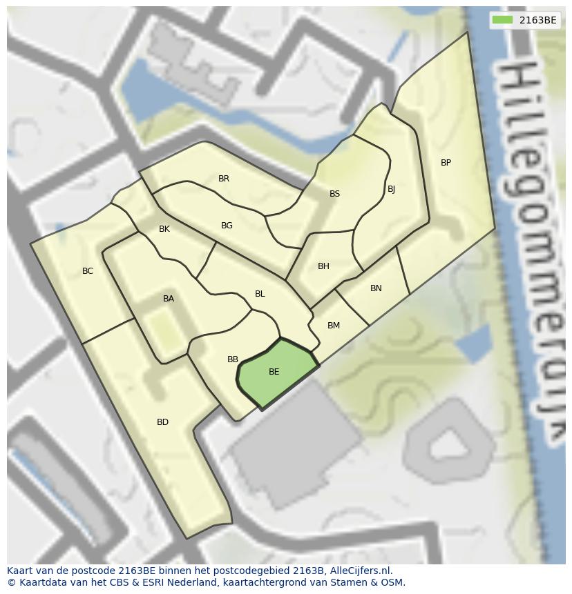 Afbeelding van het postcodegebied 2163 BE op de kaart.