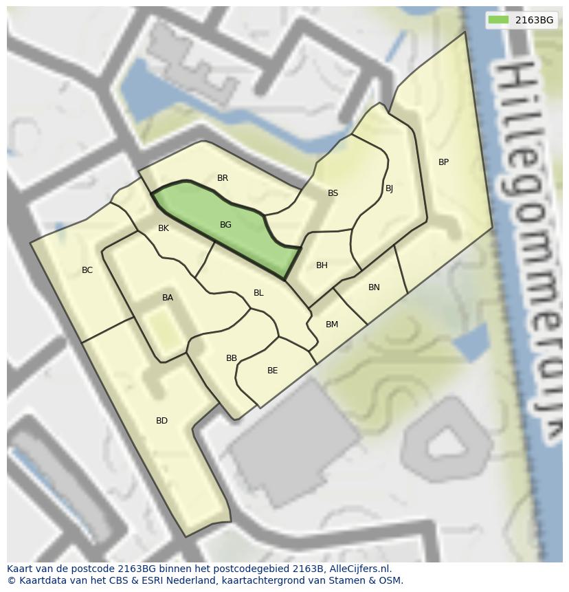 Afbeelding van het postcodegebied 2163 BG op de kaart.