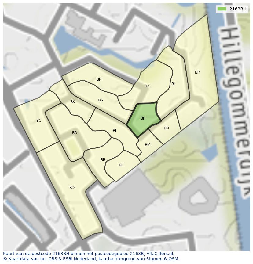 Afbeelding van het postcodegebied 2163 BH op de kaart.