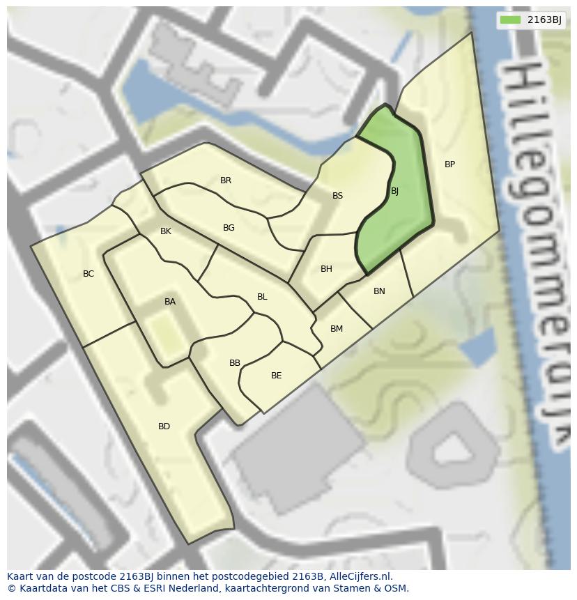 Afbeelding van het postcodegebied 2163 BJ op de kaart.