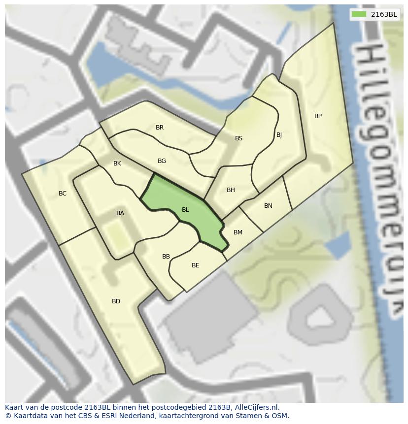 Afbeelding van het postcodegebied 2163 BL op de kaart.