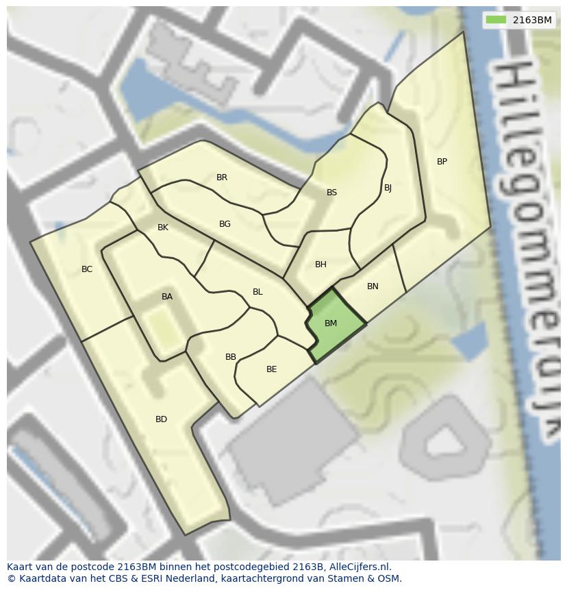 Afbeelding van het postcodegebied 2163 BM op de kaart.