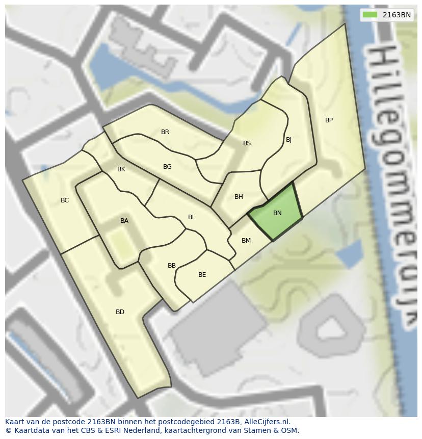 Afbeelding van het postcodegebied 2163 BN op de kaart.