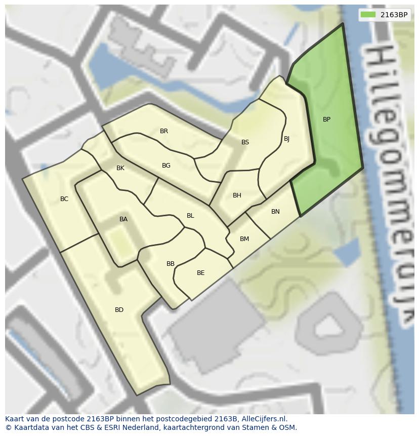 Afbeelding van het postcodegebied 2163 BP op de kaart.