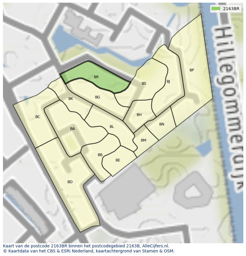 Afbeelding van het postcodegebied 2163 BR op de kaart.