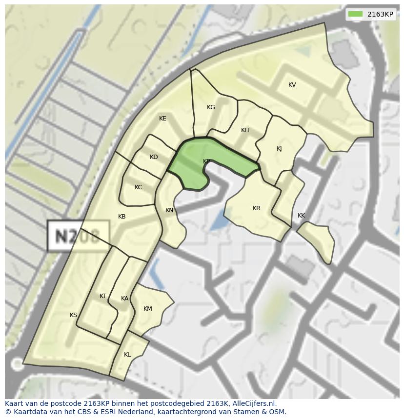 Afbeelding van het postcodegebied 2163 KP op de kaart.