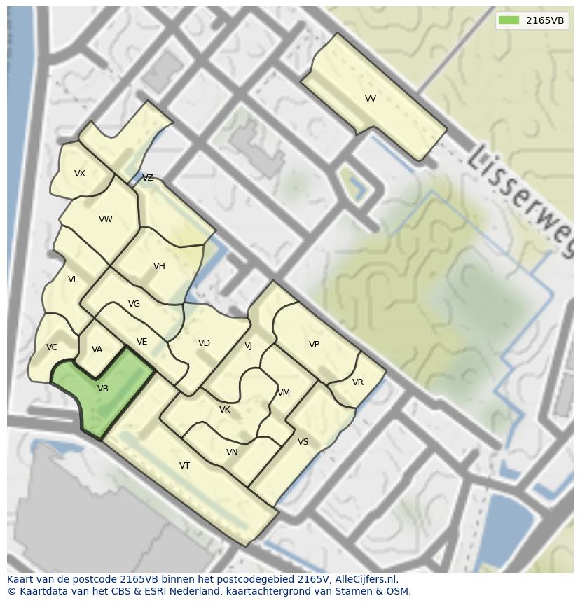 Afbeelding van het postcodegebied 2165 VB op de kaart.