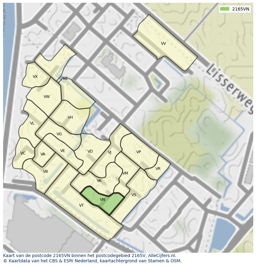 Afbeelding van het postcodegebied 2165 VN op de kaart.