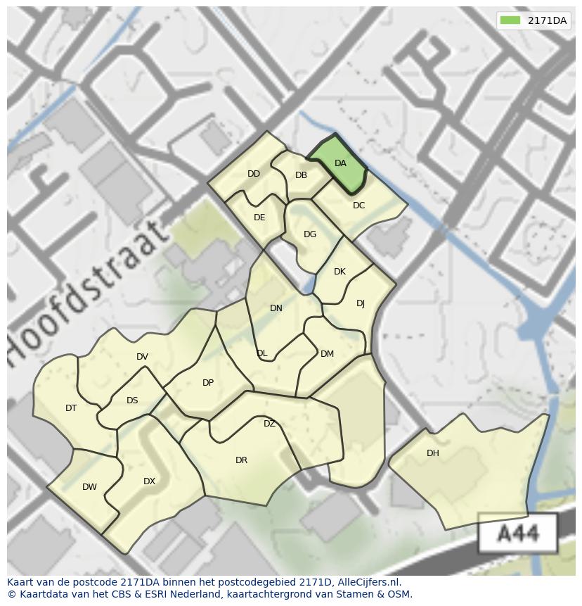 Afbeelding van het postcodegebied 2171 DA op de kaart.