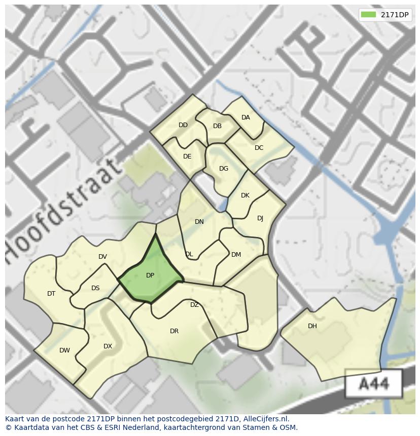 Afbeelding van het postcodegebied 2171 DP op de kaart.