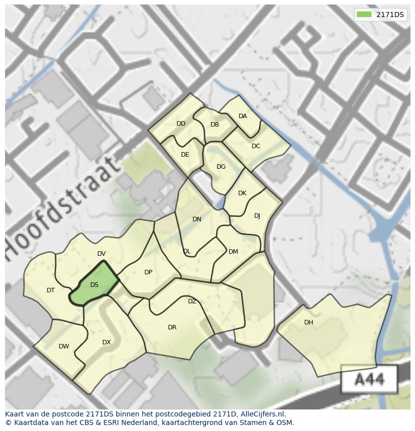 Afbeelding van het postcodegebied 2171 DS op de kaart.