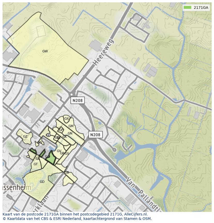Afbeelding van het postcodegebied 2171 GA op de kaart.