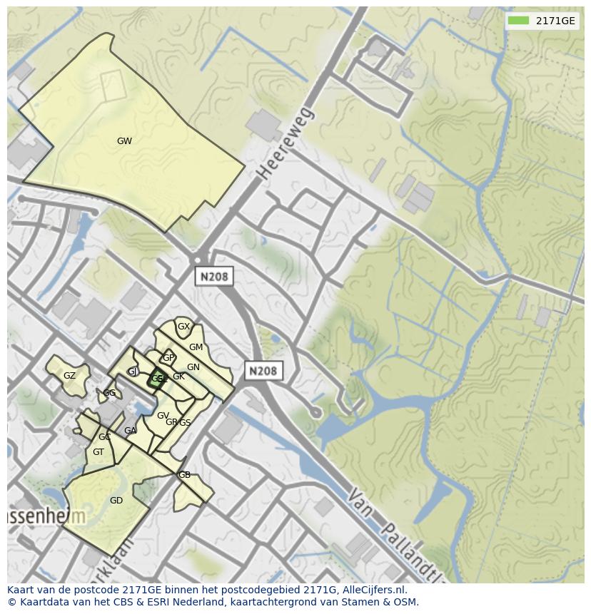 Afbeelding van het postcodegebied 2171 GE op de kaart.