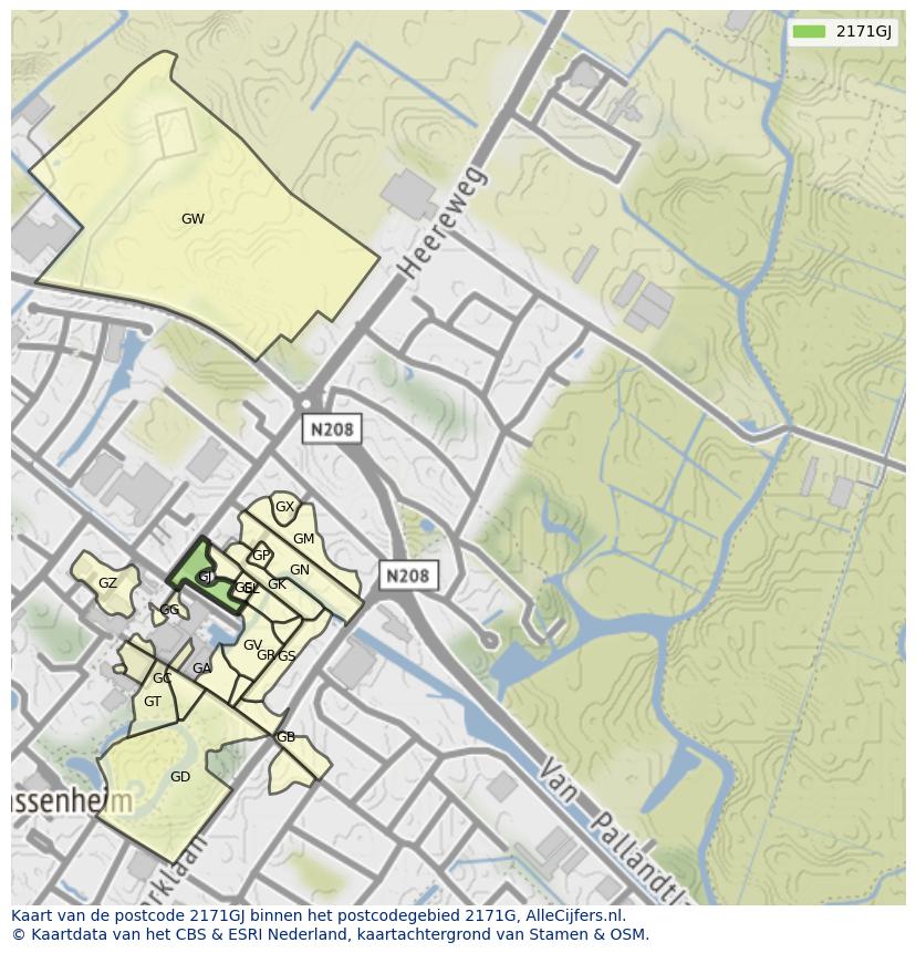 Afbeelding van het postcodegebied 2171 GJ op de kaart.