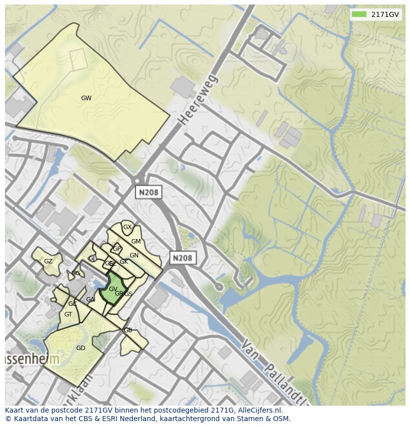 Afbeelding van het postcodegebied 2171 GV op de kaart.