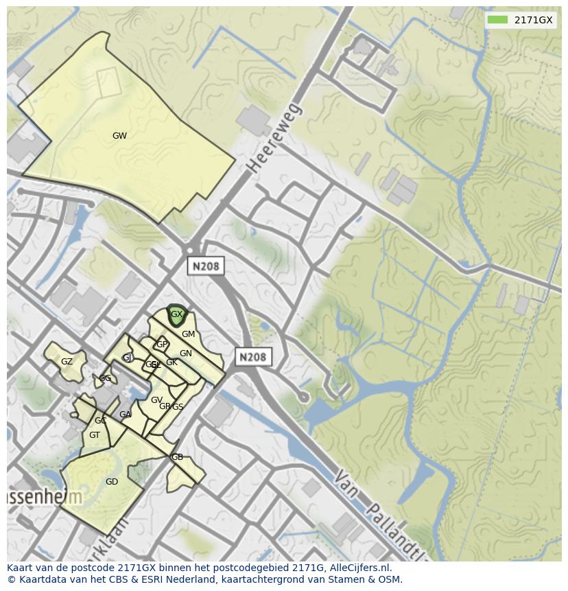 Afbeelding van het postcodegebied 2171 GX op de kaart.