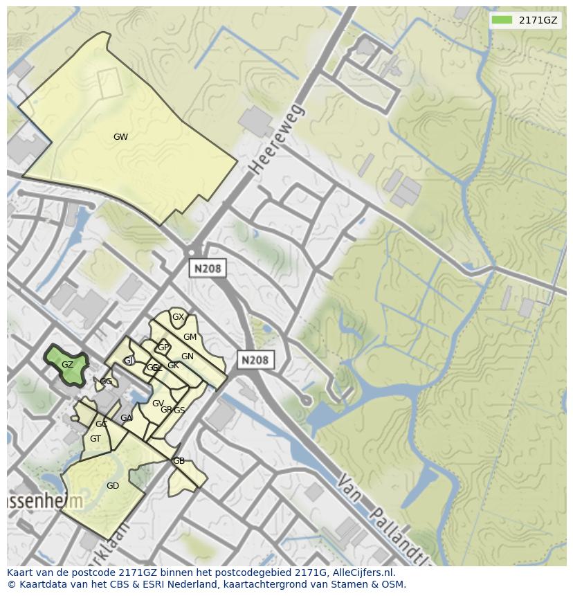 Afbeelding van het postcodegebied 2171 GZ op de kaart.